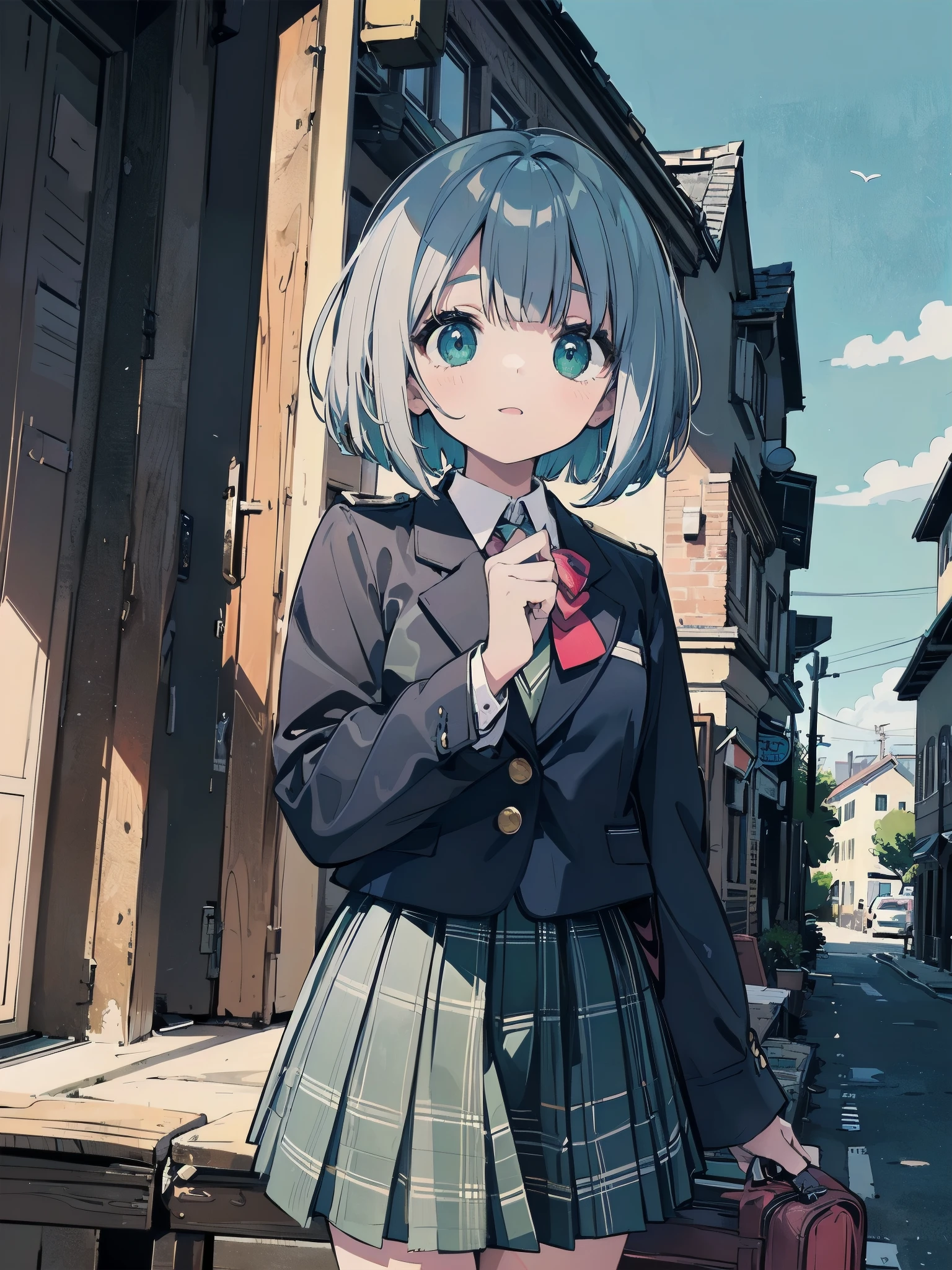 Top-High quality、Highest quality、masterpiece、High Contrast、Colorful、Elegance、Sexy expression、high school girl、Beauty、Bob cut braids、uniform、(red blazer)、Ribbon tie、(Green and gray plaid skirt)、(black tightovie-like shadows、fine shading、cute、Truly unbelievably cute absurd、outside、School trip、national treasures、Traditional buildings、blue sky