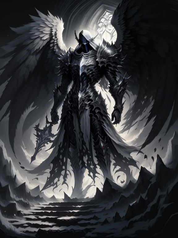 Striking illustration of the Angel of Death., A mysterious and ethereal figure who guards the threshold between life and death.. His presence is enigmatic and powerful...., con alas inmensas que se extienden hacia el horizonte y una mirada penetrante que transmite serenidad y temor. He uses cool tones and deep shadows to emphasize his ethereal nature and his connection to the realm of death......(dark lighting), ( ethereal lighting),(Spectral illumination)