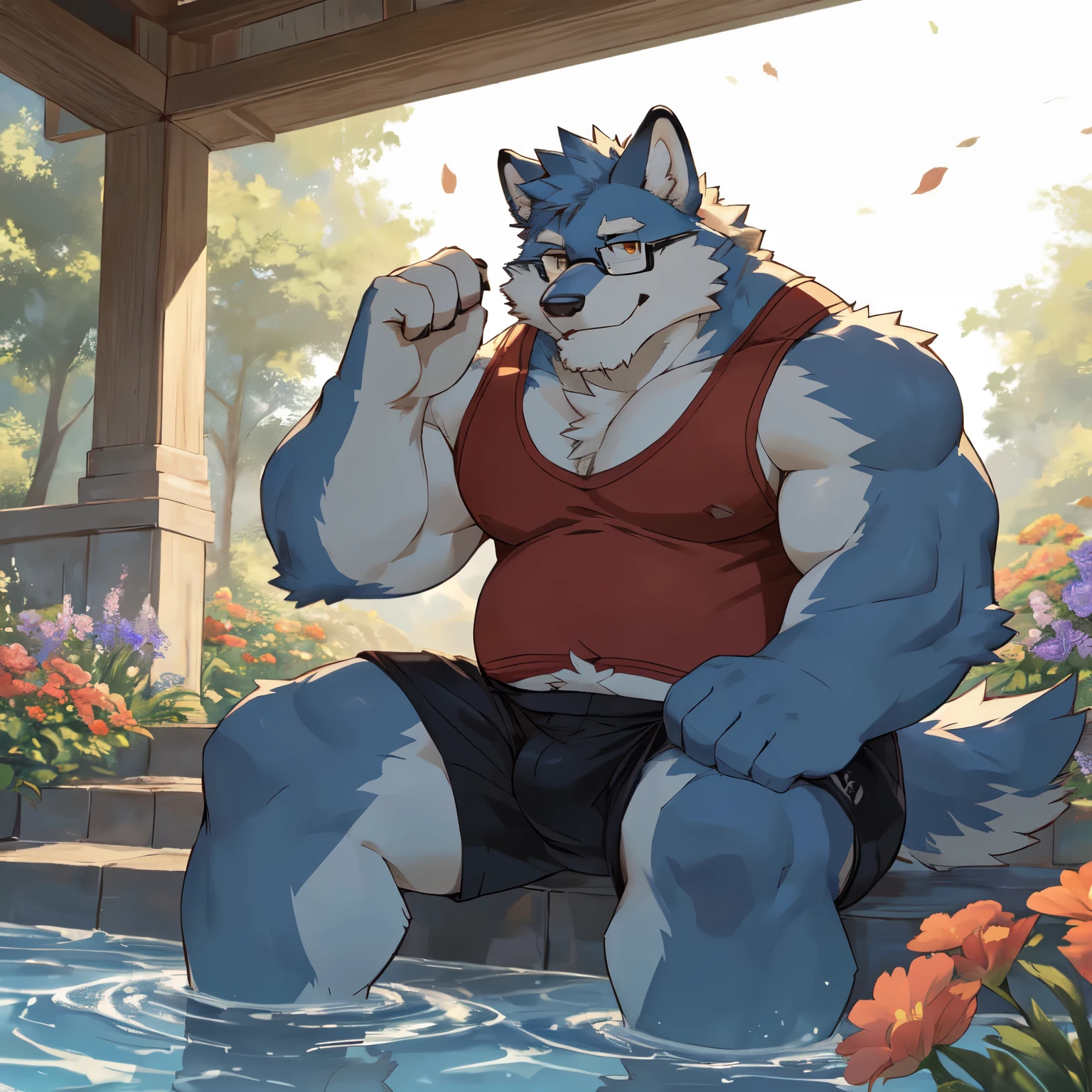anthropology, Beast field, male, Solitary, ((Round Face, Very plump face)), ((endomorph body type, Elderly)), (Slightly fat:1.2), Siberian wolf, wear glasses|Golden pupils|Light grey blue fur, Fluffyfur, Fluffy, (Elongated ears:1.5), (In a modern courtyard), (Sitting on the stone steps，Feet in water), (wearing cream-colored singlet:1.5 | wearing black briefs), Wear cool clothes, Surrounded by flowers and grass, (high quality, high resolution, masterpiece), (Dynamic Lighting, Bright colors), (hapiness的, hapiness, easy), (Face focus), Front view, Looking at the audience, (Dynamic poses), close up, cute, Warm smile, author：Takemoto Arashi, by zixiong, Through Chun Ni, through empty ghost