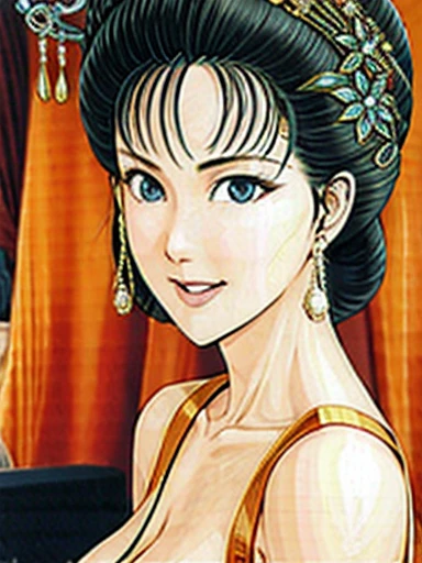 {best quality}, {very aesthetic}, {ultra-detailed}, {best illustration},NSFW,mature female,Perfect Face,Suikoden,Mrs. Lin,{full_nude},{full_body},big breast,big nipple,Pubic hair of the same color as the hair,Eyes downcast,skinny, Undressing, sex, girl lying on the bed,chinese traditional style bed,