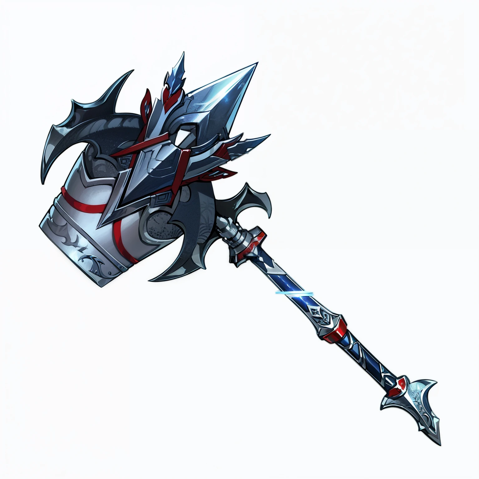 a close up of a sword with a red and blue design on it, 战刀arms, sword design, 魔兽世界 暴雪 arms 艺术, fantasy sword, beautiful sword, Fantasy Blade, huge sword, large sword, fantasy sword of warrior, shinning sword, The style of the Ghost Slayer Blade, 幻想arms, Intricate Fantasy Spear, sci-fi sword, sword, big sword，Outstanding quality，Clear structure，arms，White background