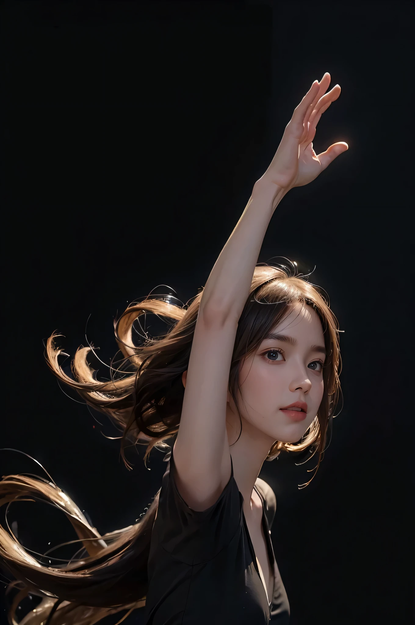 ((top quality, 8K, masterpiece: 1.3)), (realistic: 1.5)、night sky,the small moon,Just beautiful arms floating in the dark、perfect hands、white-skinned, black background:1.3, bright lights、cool pose, looking into space、raise your hand a little、perfect hands、white-skinned, Focus is on the hands.