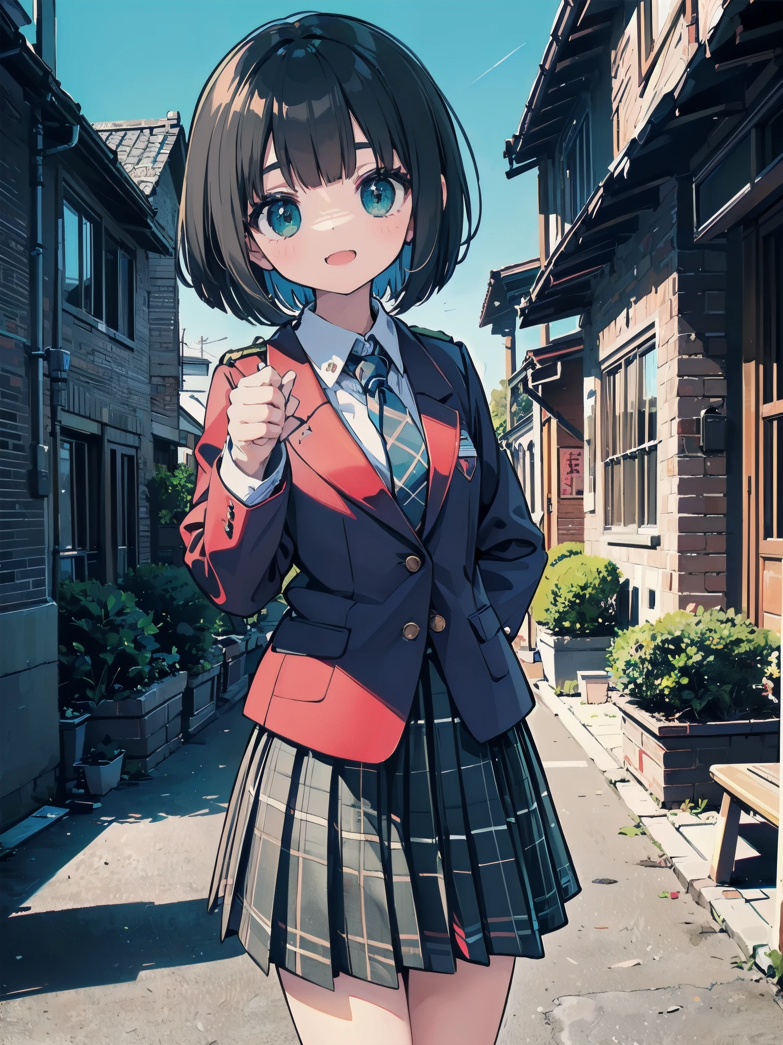Top-High quality、Highest quality、masterpiece、High Contrast、Colorful、Elegance、Sexy expression、high school girl、Beauty、Bob cut braids、uniform、(red blazer)、Ribbon tie、(Green and gray plaid skirt)、(black tightovie-like shadows、fine shading、cute、Truly unbelievably cute absurd、outside、School trip、national treasures、Traditional buildings、blue sky