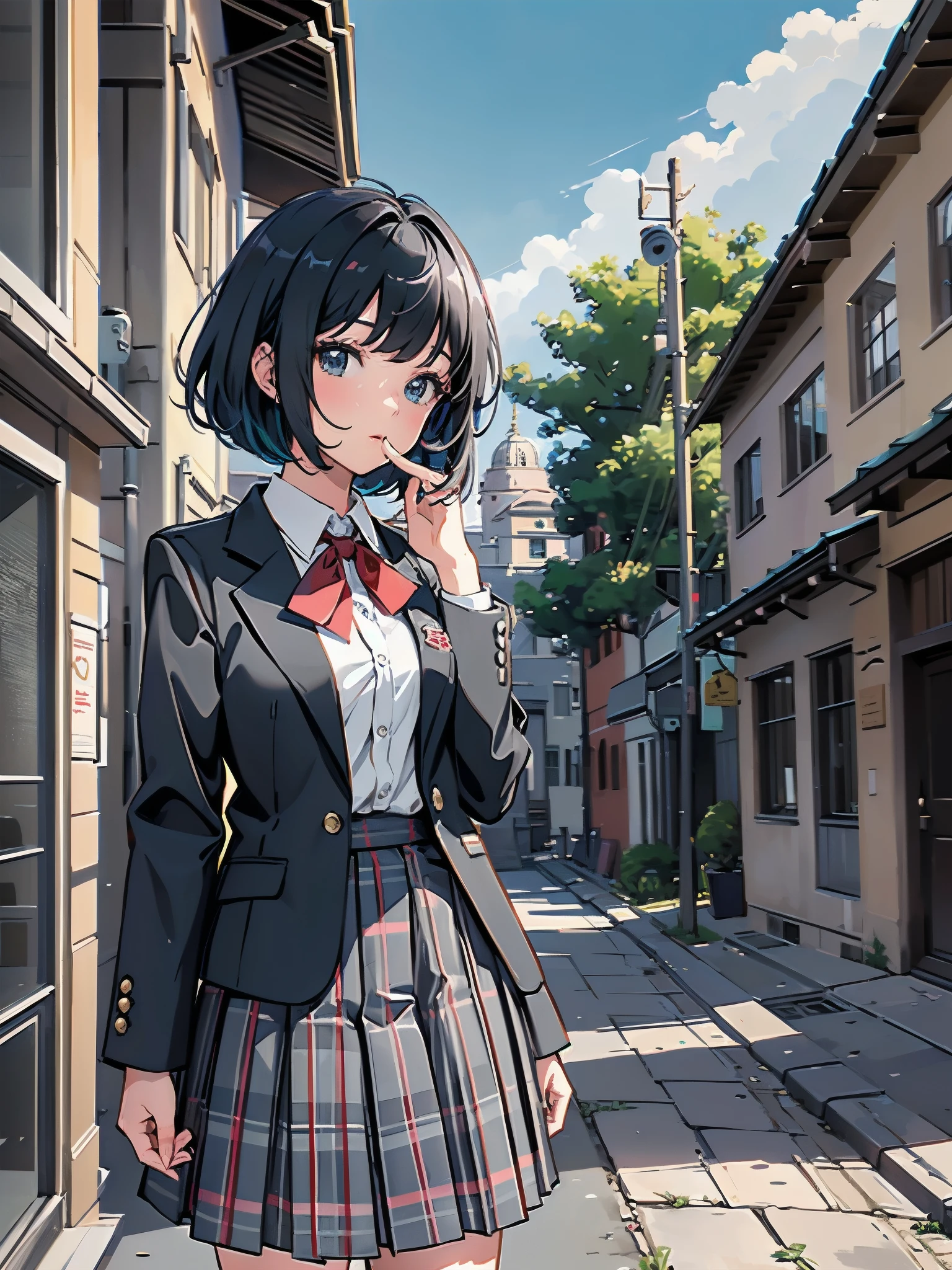Top-High quality、Highest quality、masterpiece、High Contrast、Colorful、Elegance、Sexy expression、high school girl、Beauty、Bob cut braids、uniform、(red blazer)、Ribbon tie、(Green and gray plaid skirt)、(black tightovie-like shadows、fine shading、cute、Truly unbelievably cute absurd、outside、School trip、national treasures、Traditional buildings、blue sky