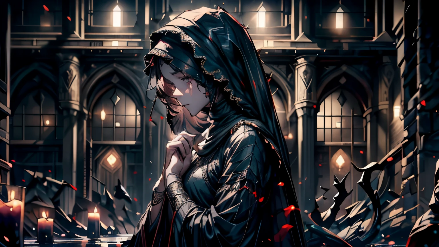 gorgeous, masterpiece, best quality, highres,4k, wallpaper, intricate, detailed, rpg, lord of the rings, vintage, dark room, indoor, poor, no money, small breast,kneel down prayer, Three Strand Braid hair, profile, not facing viewer.Muslim abaya, 
Masterpiece, Best Quality, High Quality, 1 blind  girl, childrg girl, pooth blindfold,  wear black Muslim abaya, praying, Medieval style, cloth cover eyes, (surrounded by grey light),, (Darkness:1.8), Abstraction, Award-winning photography, Depth of field, HDR, Very detailed, Trending in art stations, Trending in CGsociety, Complex, High detail,(Masterpiece:1.2, Best Quality), (dark Lighting, Very Delicate and Beautiful), (Beautiful Detailed Face), (Detailed Face:1.2), gray dark hair, pale skin, pointy_ears, thorns 
 scar on hands, cross scar on body, sad face, innocent, not looking camera, looking to the ground, blindfold, not showing eyes, bonny, skinny body, small chest, great devoutness