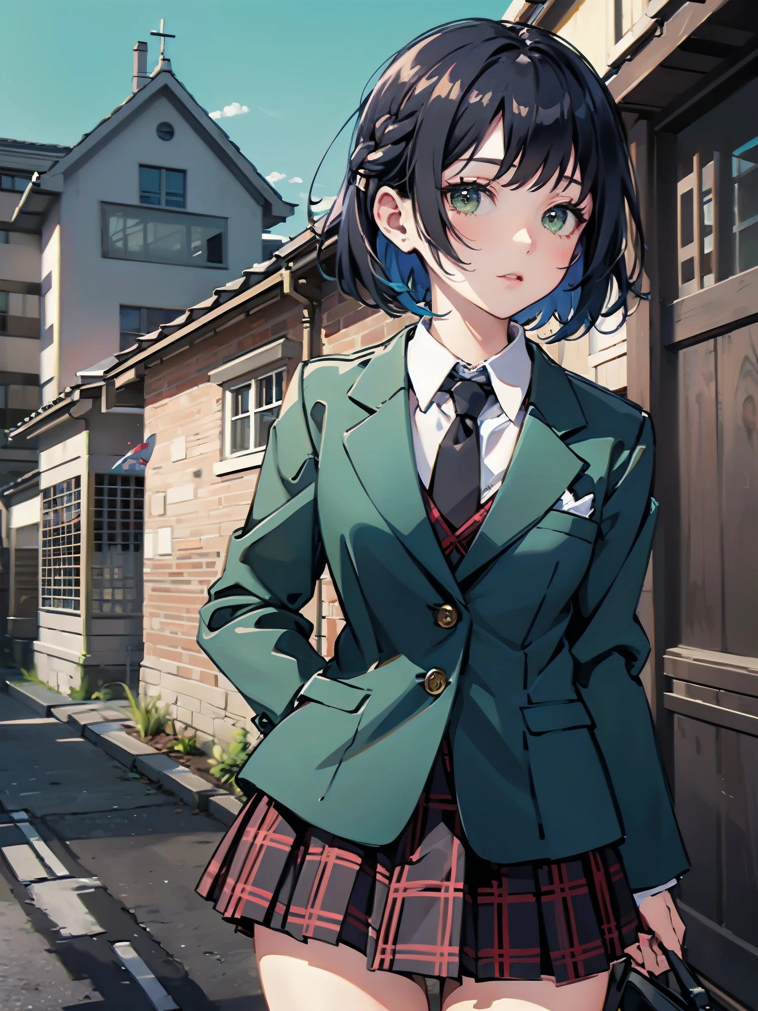 Top-High quality、Highest quality、masterpiece、High Contrast、Colorful、Elegance、Sexy expression、high school girl、Beauty、Bob cut braids、uniform、(red blazer)、Ribbon tie、(Green and gray plaid skirt)、(black tightovie-like shadows、fine shading、cute、Truly unbelievably cute absurd、outside、School trip、national treasures、Traditional buildings、blue sky
