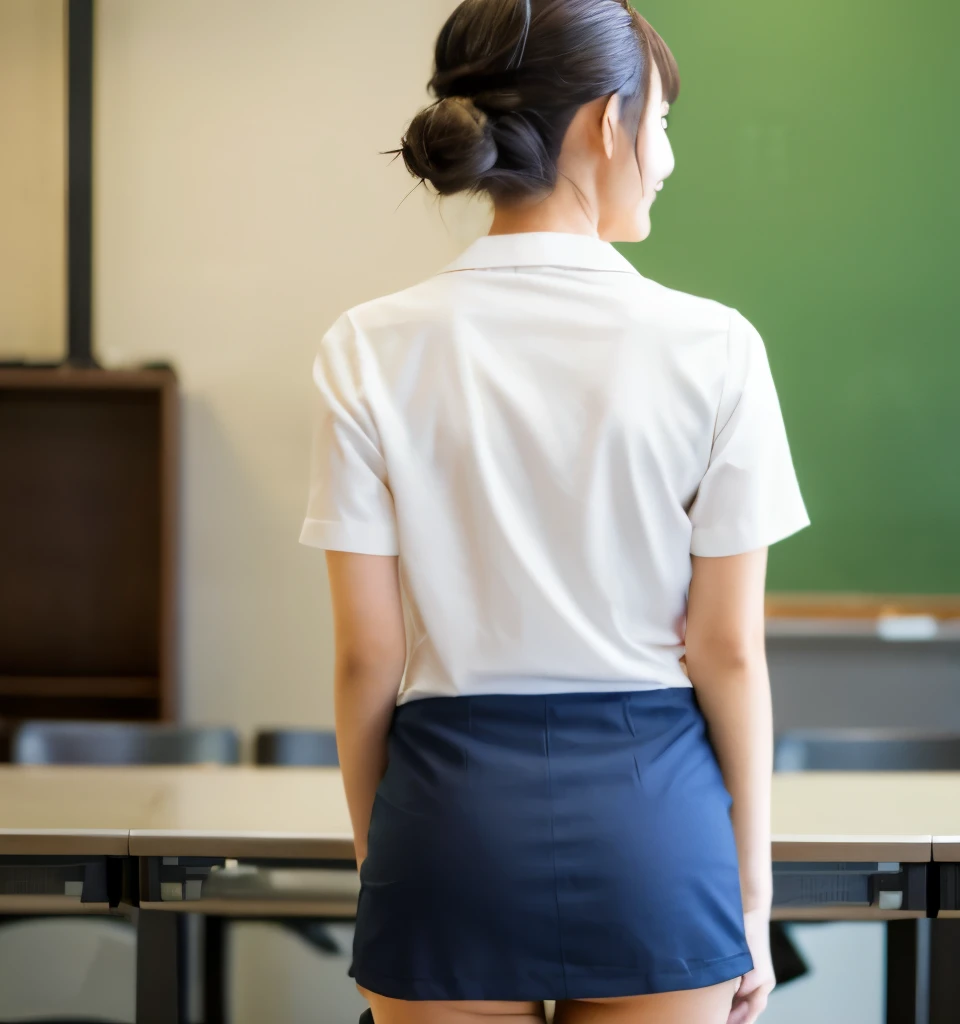 (Cute Japanese Girl), At work, Sexy 18 year old girl, (whole body), (The cutest face), Thin chest, Hair Bun, skirt, (((Thighs))), White blouse, Vivid depiction, I look down at her from behind, protruding butt coverd by skirt, She stands with her back to me, smile, 