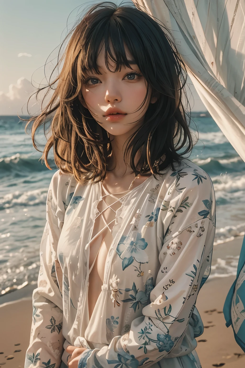 Araped woman with short hair and rash guard, board shorts, curtain bangs, No makeup, wavy hair, Madison Beer, without makeup, 중앙에서 분리된 curtain bangs, Profile picture, Use Instagram Filters, Subtle soft and dim light, Pose looking back at the beach, sandy beach, tide, perfect face, julia sardinian, perfect hands, Random Actions, coastline, clear sky,