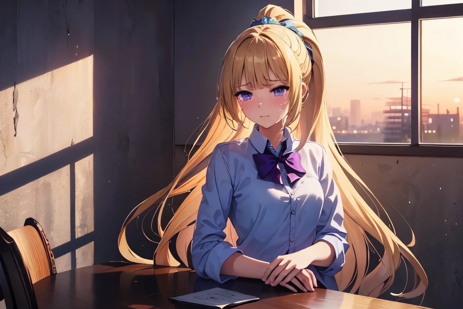 (masterpiece, top quality, best quality, official art, beautiful and aesthetic:1.2), (1girl:1.3), extremely detailed,(fractal art:1.2),colorful, highest detailed, parted lips,wallpaper,beautiful violet eyes, extreme detailed eyes, long hair, beautiful blonde hair, ponytail hairstyle, bangs, (sad, sadness expression, sadness face, crying), school outfit, (cowboy shot), in classroom, window, sitting on chair 