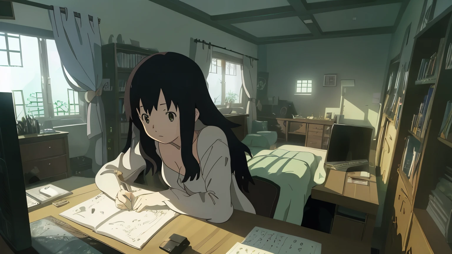 A woman with a computer in her room studying, it looks like it is day and it is becoming night (((Ghibli style)))