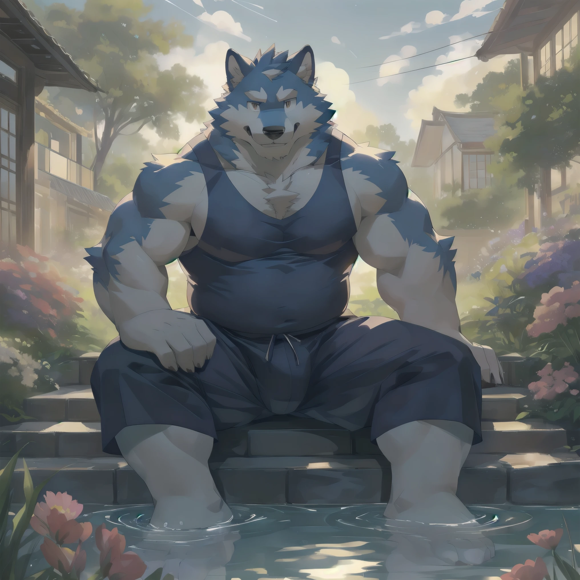 anthropology, Beast field, male, Solitary, ((Round Face, Very plump face)), ((endomorph body type, Elderly)), (Adventure Clothing), Siberian wolf, wear glasses|Golden pupils|Light grey blue fur, Fluffy fur, Fluffy, (In a modern courtyard), (Sitting on the stone steps,Feet in water), (wearing grey singlet:1.5 | wearing black underpants), Wear cool clothes, Surrounded by flowers and grass, (high quality, high resolution, masterpiece), (Dynamic Lighting, Bright colors), (hapiness的, hapiness, easy), (Face focus), Front view, Looking at the audience, (Dynamic poses), close up, cute, Warm smile, author:Takemoto Arashi, by zixiong, Through Chun Ni, through empty ghost