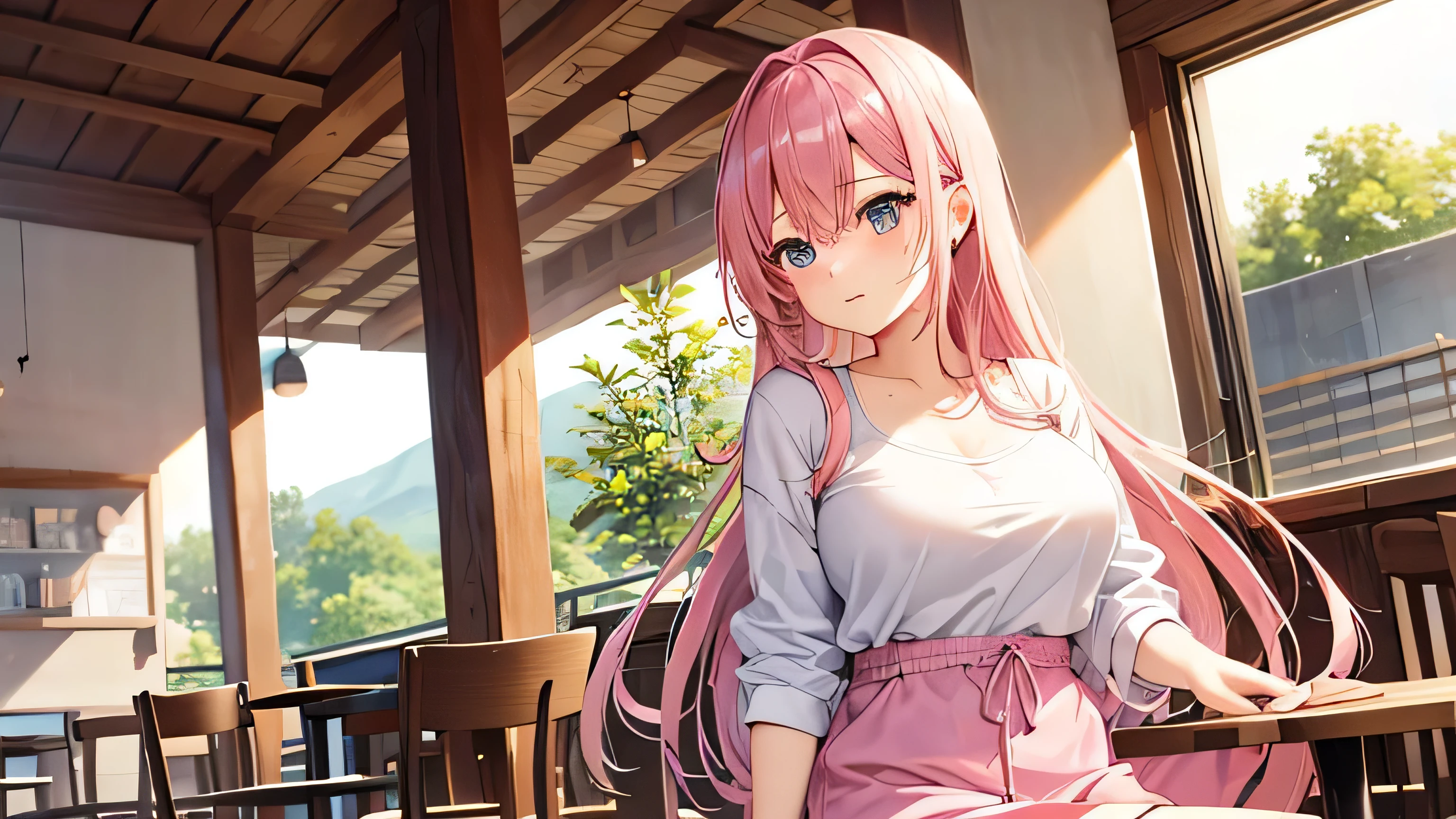 anime、Pink Hair、valley、Big Breasts、White shirt、Shoulders are exposed、Pink shorts、Cafe、one person、noon、have a glass