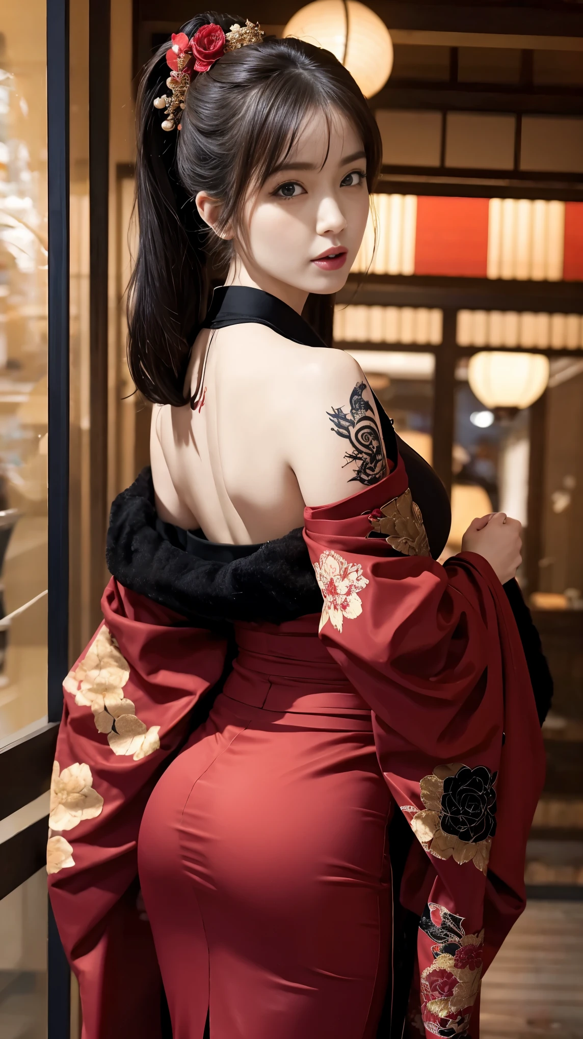 masterpiece, top quality, best quality, official art, beautiful and aesthetic:1.2),1girl, tattoo, solo, japanese clothes,sexy intricate red and black kimono, hair ornament, unsheathing, black hair, sheath, back tattoo, dragon tattoo, blue eyes, off shoulder, bare shoulders, looking back, from behind, flower, looking at viewer, holding, makeup, outdoor, big breasts and hourglass figure 