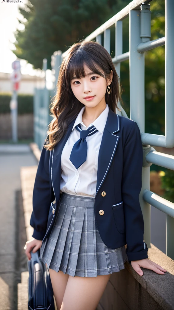 mix 4, (16K, Raw photo, best image quality, masterpiece: 1.45), (realistic, Photoreal: 1.37), one girl, cute, cityscape,, professional lighting, photon mapping, school classroom, Physically based rendering, dark brown hair,ponytail hairstyle, Beautiful well-groomed eyes、((double eyelid))、super cute girl, (((school uniform、blazer、Long-sleeved shirts worn by Japanese high school girls、ribbon tie、navy blue mini skirt,、dark blue socks、black loafers))), highest quality photos, High resolution, 1080P, (clear face), (Detailed facial description), (detailed description of hands), (masterpiece), (Detailed CG)、extreme light and shadow、messy hair、master work、Rich details、(detailed facial features)、(highest quality photoasseter muscle part)、(detailed eye)、look in front of you、thin clavicle、((slender and big))、(((Japanese high school girls wear jackets and long-sleeved shirts)))、((neat idol))、((school gate、schoolyard、School building in the background))、(Take photos from random viewpoints)、(((Anyway it's cute)))、earrings、big smile、Draw the whole body from the knees、Do not draw fine lines、(((Sports bags used by Japan schoolgirls)))、(Big breasts that hang down big:1.2)、big firm butt、Two arms and two legs、(((from the front:0.7)))、bare hands、(((symmetrical eyes)))、standing pose、put your hands on the desk、don't take the tie out of the jacket、raise your butt:1.5,bareback:1.5,