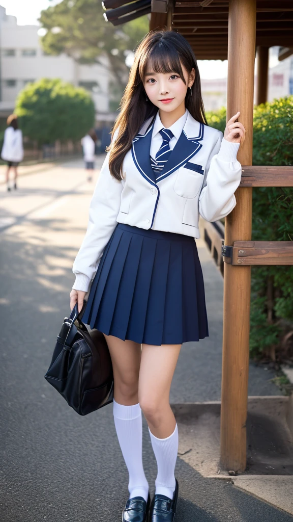mix 4, (16K, Raw photo, best image quality, masterpiece: 1.45), (realistic, Photoreal: 1.37), one girl, cute, cityscape,, professional lighting, photon mapping, school classroom, Physically based rendering, dark brown hair,ponytail hairstyle, Beautiful well-groomed eyes、((double eyelid))、super cute girl, (((school uniform、blazer、Long-sleeved shirts worn by Japanese high school girls、ribbon tie、navy blue mini skirt,、dark blue socks、black loafers))), highest quality photos, High resolution, 1080P, (clear face), (Detailed facial description), (detailed description of hands), (masterpiece), (Detailed CG)、extreme light and shadow、messy hair、master work、Rich details、(detailed facial features)、(highest quality photoasseter muscle part)、(detailed eye)、look in front of you、thin clavicle、((slender and big))、(((Japanese high school girls wear jackets and long-sleeved shirts)))、((neat idol))、((school gate、schoolyard、School building in the background))、(Take photos from random viewpoints)、(((Anyway it's cute)))、earrings、big smile、Draw the whole body from the knees、Do not draw fine lines、(((Sports bags used by Japan schoolgirls)))、(Big breasts that hang down big:1.2)、big firm butt、Two arms and two legs、(((from the front:0.7)))、bare hands、(((symmetrical eyes)))、standing pose、put your hands on the desk、don't take the tie out of the jacket、raise your butt:1.5,bareback:1.5,