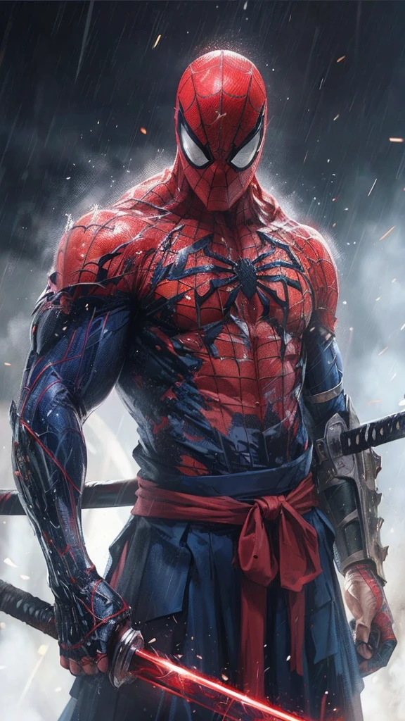 Spider-Man with two swords in his hands standing in the rain, full samurai armor Spider-Man, Spider-Man as terminator, Spider-Man as wolverine, highly detailed Spider-Man, futuristic style Spider-Man, Marvel Art, portrait of Spider-Man, Spider-Man, Spider-Man, miracle man, Marvel concept art, epic comic art, marvel comic book characters, Spider-Man, Peter Parker as Knight