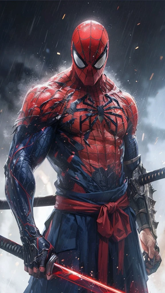 Spider-Man with two swords in his hands standing in the rain, full samurai armor Spider-Man, Spider-Man as terminator, Spider-Man as wolverine, highly detailed Spider-Man, futuristic style Spider-Man, Marvel Art, portrait of Spider-Man, Spider-Man, Spider-Man, miracle man, Marvel concept art, epic comic art, marvel comic book characters, Spider-Man, Peter Parker as Knight