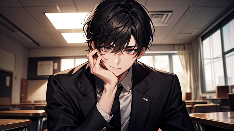 For men,Short fine hair,Black Hair,(Purpose 1:2,Clear Eyes,A sophisticated eye,Delicate eyes,Good Eyes,Eye details),Face Focus,Adult,Black suit,highest quality,Facial details,classroom,Sit at a desk,Sitting on the couch,sloth,Detailed Background,Diffused sunlight,Depth of written boundary,study Smiling at her desk