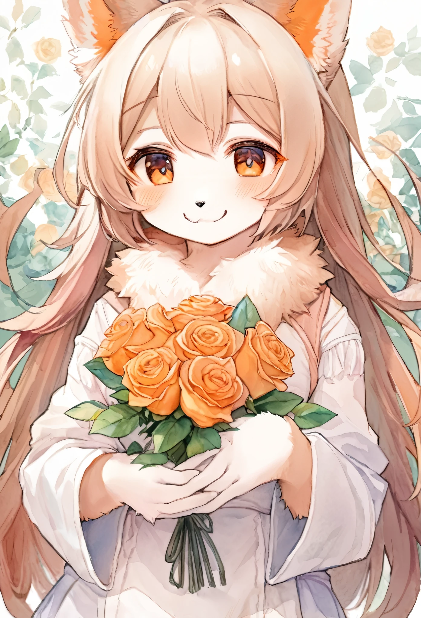 watercolor, highres, top quality, best quality, paid reward available, High-quality illustrations, unparalleled masterpiece, perfect artwork, absurdres, 1girl, kemono, furry, detailed body fur, animal face, animal hand, Archaic Smile, holding a cluster of orange Rose in both hands, which are positioned at chest level, She is wearing a simple ring on the ring finger of her left hand, unfocused spread of orange rose, fan-created work shared on platforms Pixiv or Twitter,