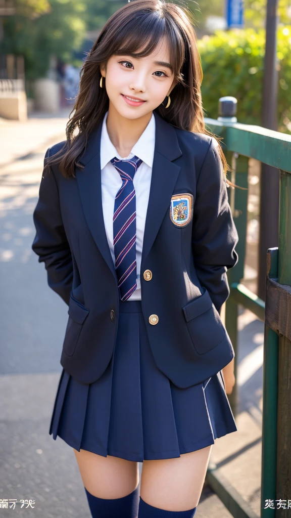 mix 4, (16K, Raw photo, best image quality, masterpiece: 1.45), (realistic, Photoreal: 1.37), one girl, cute, cityscape,, professional lighting, photon mapping, school classroom, Physically based rendering, dark brown hair,ponytail hairstyle, Beautiful well-groomed eyes、((double eyelid))、super cute girl, (((school uniform、blazer、Long-sleeved shirts worn by Japanese high school girls、ribbon tie、navy blue mini skirt,、dark blue socks、black loafers))), highest quality photos, High resolution, 1080P, (clear face), (Detailed facial description), (detailed description of hands), (masterpiece), (Detailed CG)、extreme light and shadow、messy hair、master work、Rich details、(detailed facial features)、(highest quality photoasseter muscle part)、(detailed eye)、look in front of you、thin clavicle、((slender and big))、(((Japanese high school girls wear jackets and long-sleeved shirts)))、((neat idol))、((school gate、schoolyard、School building in the background))、(Take photos from random viewpoints)、(((Anyway it's cute)))、earrings、big smile、Draw the whole body from the knees、Do not draw fine lines、(((Sports bags used by Japan schoolgirls)))、(Big breasts that hang down big:1.2)、big firm butt、Two arms and two legs、(((from the front:0.7)))、bare hands、(((symmetrical eyes)))、standing pose、put your hands on the desk、don't take the tie out of the jacket、raise your butt:1.5,bareback:1.5,