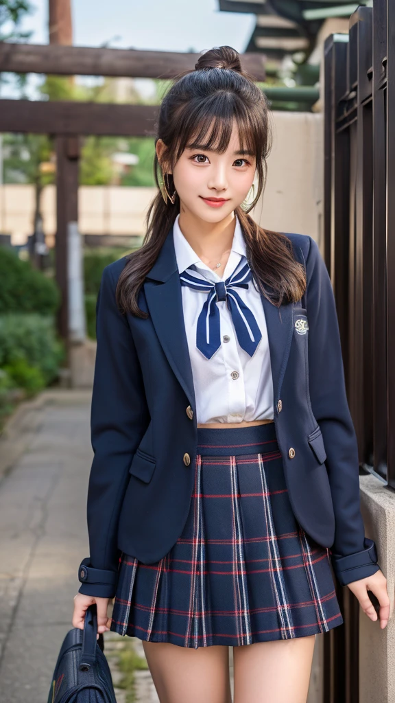 mix 4, (16K, Raw photo, best image quality, masterpiece: 1.45), (realistic, Photoreal: 1.37), one girl, cute, cityscape,, professional lighting, photon mapping, school classroom, Physically based rendering, dark brown hair,ponytail hairstyle, Beautiful well-groomed eyes、((double eyelid))、super cute girl, (((school uniform、blazer、Long-sleeved shirts worn by Japanese high school girls、ribbon tie、navy blue mini skirt,、dark blue socks、black loafers))), highest quality photos, High resolution, 1080P, (clear face), (Detailed facial description), (detailed description of hands), (masterpiece), (Detailed CG)、extreme light and shadow、messy hair、master work、Rich details、(detailed facial features)、(highest quality photoasseter muscle part)、(detailed eye)、look in front of you、thin clavicle、((slender and big))、(((Japanese high school girls wear jackets and long-sleeved shirts)))、((neat idol))、((school gate、schoolyard、School building in the background))、(Take photos from random viewpoints)、(((Anyway it's cute)))、earrings、big smile、Draw the whole body from the knees、Do not draw fine lines、(((Sports bags used by Japan schoolgirls)))、(Big breasts that hang down big:1.2)、big firm butt、Two arms and two legs、(((from the front:0.7)))、bare hands、(((symmetrical eyes)))、standing pose、put your hands on the desk、don't take the tie out of the jacket、raise your butt:1.5,bareback:1.5,