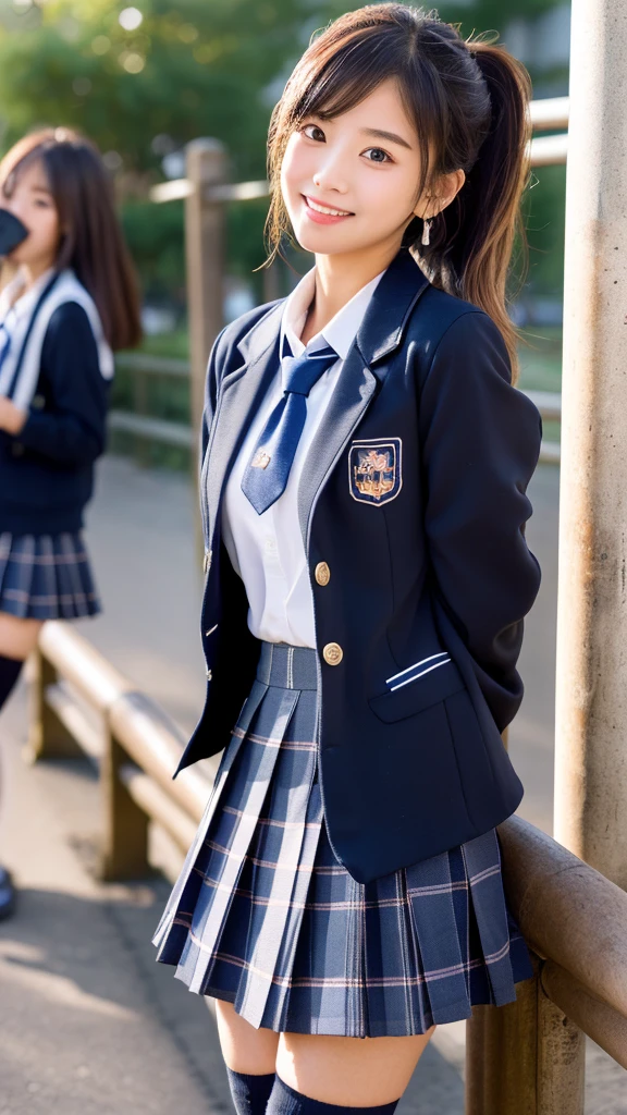 mix 4, (16K, Raw photo, best image quality, masterpiece: 1.45), (realistic, Photoreal: 1.37), one girl, cute, cityscape,, professional lighting, photon mapping, school classroom, Physically based rendering, dark brown hair,ponytail hairstyle, Beautiful well-groomed eyes、((double eyelid))、super cute girl, (((school uniform、blazer、Long-sleeved shirts worn by Japanese high school girls、ribbon tie、navy blue mini skirt,、dark blue socks、black loafers))), highest quality photos, High resolution, 1080P, (clear face), (Detailed facial description), (detailed description of hands), (masterpiece), (Detailed CG)、extreme light and shadow、messy hair、master work、Rich details、(detailed facial features)、(highest quality photoasseter muscle part)、(detailed eye)、look in front of you、thin clavicle、((slender and big))、(((Japanese high school girls wear jackets and long-sleeved shirts)))、((neat idol))、((school gate、schoolyard、School building in the background))、(Take photos from random viewpoints)、(((Anyway it&#39;s cute)))、earrings、big smile、Draw the whole body from the knees、Do not draw fine lines、(((Sports bags used by Japan schoolgirls)))、(Big breasts that hang down big:1.2)、big firm butt、Two arms and two legs、(((from the front:0.7)))、bare hands、(((symmetrical eyes)))、standing pose、put your hands on the desk、don&#39;t take the tie out of the jacket、raise your butt:1.5，bareback:1.5，