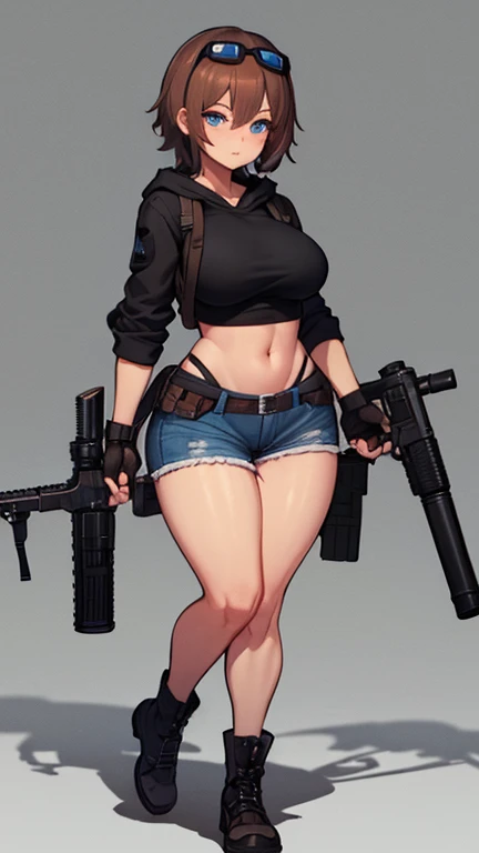 solo thick figure thick thighs ultra breast size ultra hip size blue eyes tan skin girl short dark brown messy hair wear fingerless gloves wear short crop top hoodie wear short crop jean ripped wear holster wear black stocking holding a rifle on hands wear tactical backpack wear tactical goggle on head 