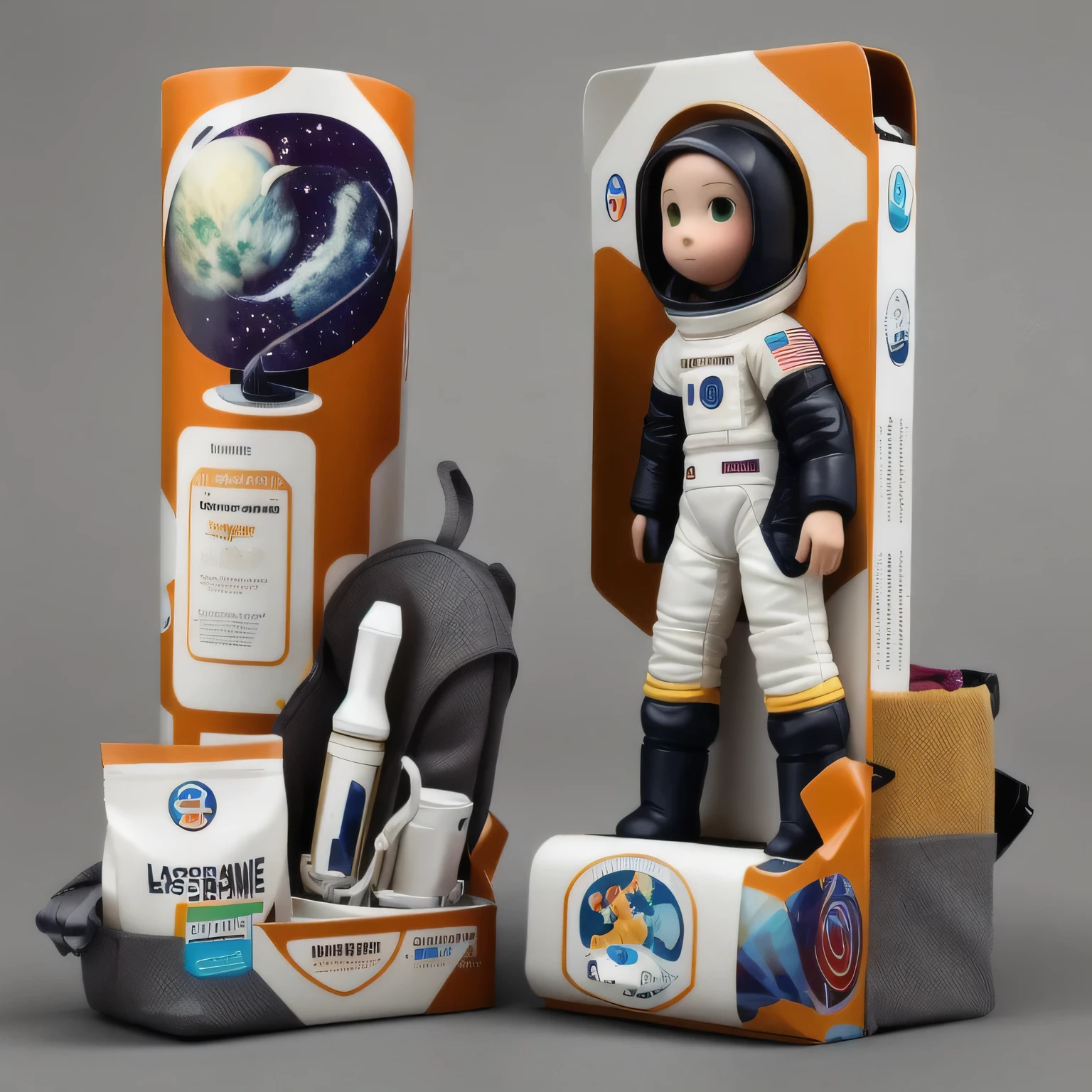 Create another version of an art toy astronaut figure modeled as a young girl with expressive anime-style eyes, donned in a space suit with vintage racing sponsorship patches, paired with a cute packaging design that includes the brand name 'LaBaBra'. The figure's dynamic pose should capture a moment of bold exploration or a zero-gravity dance. The packaging should be visually appealing, incorporating elements that reflect the space theme with playful and colorful design elements, and prominently featuring the brand name 'LaBaBra' to enhance brand recognition. Both the figure and its packaging should be displayed against a simple background to emphasize their details and design
