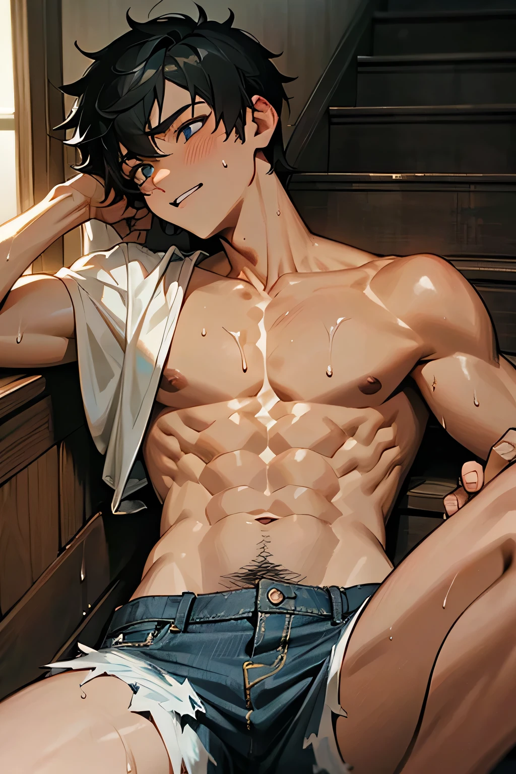 shirtless handsome manly short black hair caucasian male in tattered short jeans and sneakers, shirtless, sweating profusely, drenched with sweat, exhausted, panting, lying on the stairs, at home