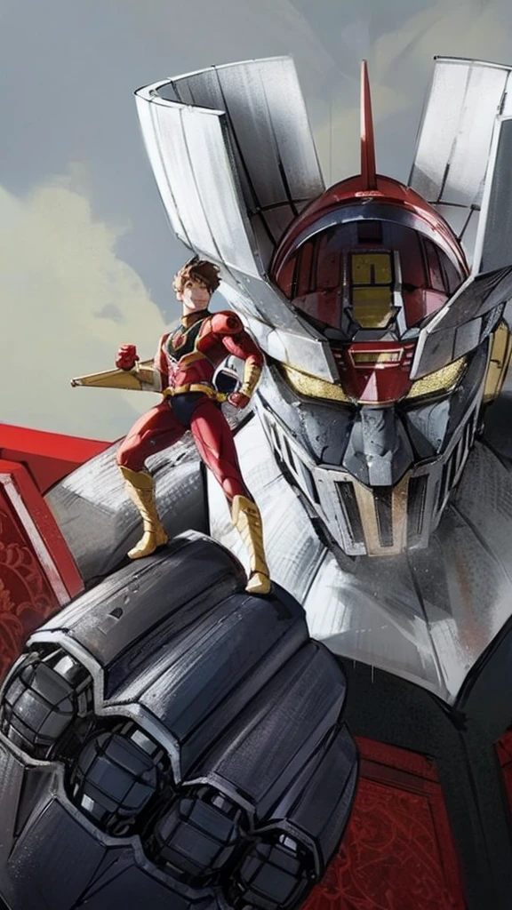 a close up of a person standing on a Giant机器人, Tokusho, Mecha-style Greek god, Invincible Iron King Kong, artistic, Getterbot, Giants, Giant, Charles Aznable album cover, Giant, Very detailed and beautiful fan art, 作为一个Giant, jack parker, Secret Seventh Power Ranger, Giant, Human mech, official art