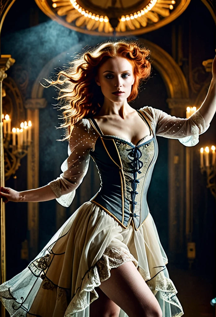 masterpiece, best quality full shot, RAW photography with great detail, detailed skin, entire shot, and very high quality, haute couture clothing, inspired by Leonardo da Vinci, Victorian influence, Art Nouveau influence, ethereal materials and acrobatic pose Dynamic: interesting backlighting, intricate loose redhead hairstyle, intriguing pose, enhanced appeal, steampunk elements, grunge details, mischievous facial expression, sanpaku eyes, circus trapeze looking at viewer, carnival theme, theme, fun circus ornamentation, intense lighting, filtered intriguing light, Pierrot costume, cinema style, motion blur, depth of field, carnival circus style, heated atmosphere, radiant energy