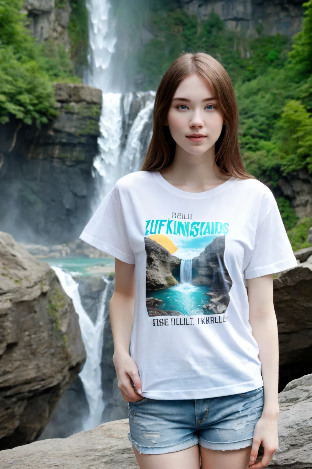 full_Body, permanent, sandals, t-shirt, shorts, Niagara Waterfall, (rock_Cai_kindness: 1.1), perfect face, (Contact iris: 1.1), Pale skin, skin pores , Depth of Field，，