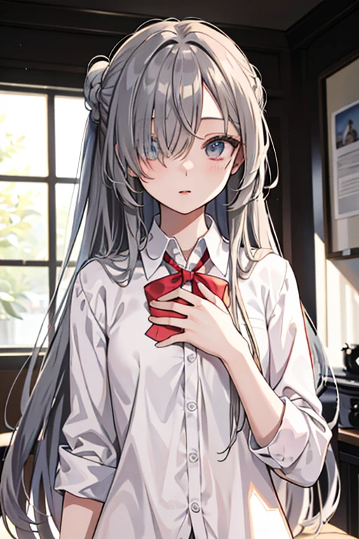 ((best quality)), ((masterpiece)), (detailed), perfect face，extra long hair，hair over one eye，half updo，skinny body，junior high school student，wariza