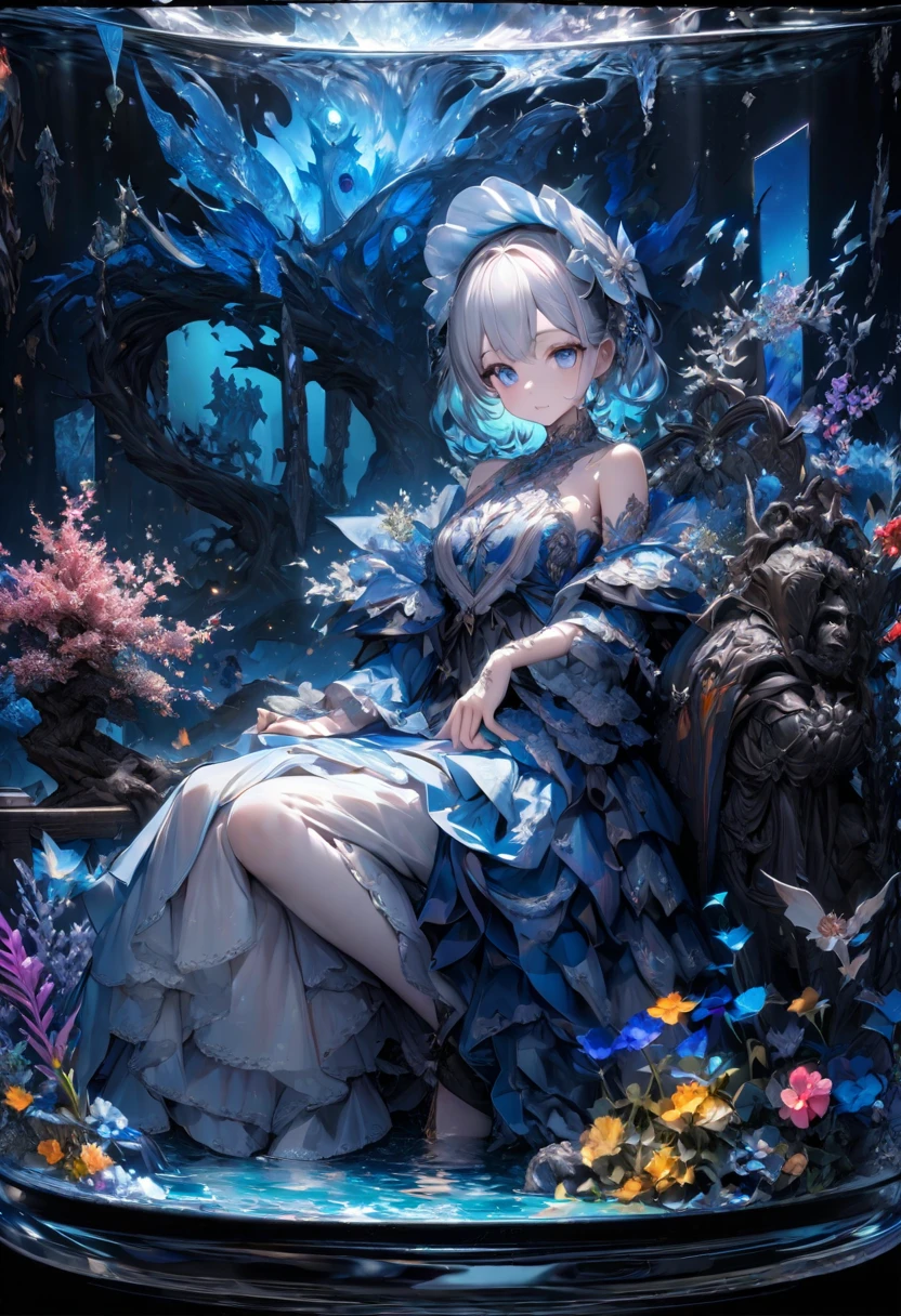 (masterpiece), (highest quality), figure, Very detailed, High Dynamic Range, Depth of written boundary, (colorful), ,,This is a masterpiece that exudes exceptional quality. The figure is ultra-detailed, Use HDR technology to create a sense of depth. The theme is original, beautifully, Beautiful artwork, Bright colors，Full of fantasy elements. girl sitting near the deep sea, surrounded by running water, The background is the dark blue World Tree., located in the cemetery. 宁静梦幻的氛围赋予整个场Depth of written boundary情迷人的气质. her pale complexion, Sparkling blue eyes, silver hair decorated with flowers，Create stunning portraits. she is wearing lolita style fashion, poker face，shut up. The background is white, transparent, loop options, 半transparentの青い蝶も飛んでいます，add vitality.