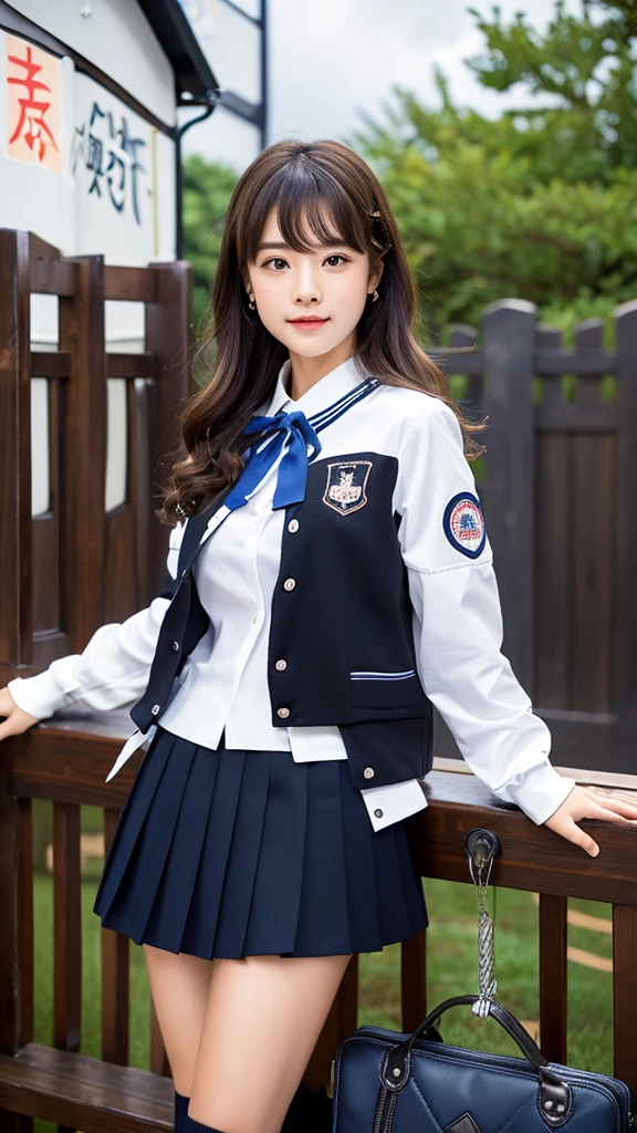 mix 4, (16K, Raw photo, best image quality, masterpiece: 1.45), (realistic, Photoreal: 1.37), one girl, cute, cityscape,, professional lighting, photon mapping, school classroom, Physically based rendering, dark brown hair,ponytail hairstyle, Beautiful well-groomed eyes、((double eyelid))、super cute girl, (((school uniform、blazer、Long-sleeved shirts worn by Japanese high school girls、ribbon tie、navy blue mini skirt,、dark blue socks、black loafers))), highest quality photos, High resolution, 1080P, (clear face), (Detailed facial description), (detailed description of hands), (masterpiece), (Detailed CG)、extreme light and shadow、messy hair、master work、Rich details、(detailed facial features)、(highest quality photoasseter muscle part)、(detailed eye)、look in front of you、thin clavicle、((slender and big))、(((Japanese high school girls wear jackets and long-sleeved shirts)))、((neat idol))、((school gate、schoolyard、School building in the background))、(Take photos from random viewpoints)、(((Anyway it&#39;s cute)))、earrings、big smile、Draw the whole body from the knees、Do not draw fine lines、(((Sports bags used by Japan schoolgirls)))、(Big breasts that hang down big:1.2)、big firm butt、Two arms and two legs、(((from the front:0.7)))、bare hands、(((symmetrical eyes)))、standing pose、put your hands on the desk、don&#39;t take the tie out of the jacket、raise your butt:1.5，bareback:1.5，