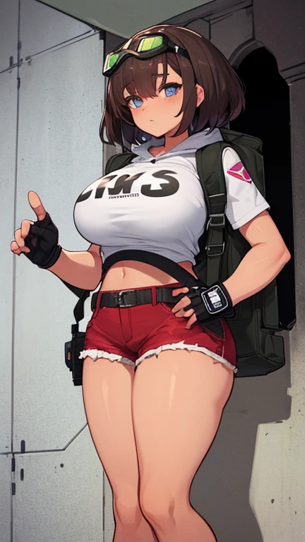 solo thick figure thick thighs ultra breast size ultra hip size blue eyes tan skin girl short dark brown messy hair wear fingerless gloves wear short crop top hoodie wear short crop jean ripped wear holster wear black stocking holding a rifle on hands wear tactical backpack wear tactical goggle on head 