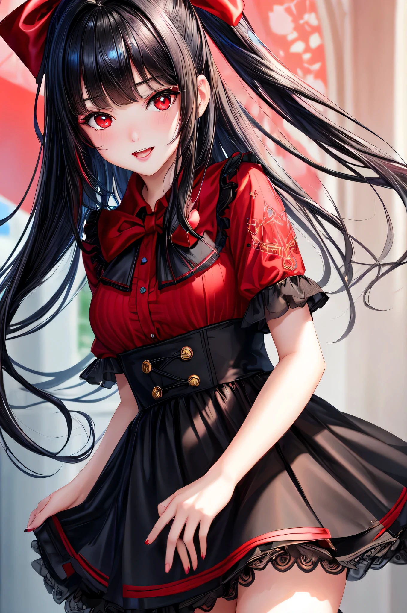 masterpiece, highest quality, Super detailed, High resolution, Highly detailed CG, Face Focus, One Girl, , ((Blue-black hair and red eyes)), , Wear a black dress, Black checked skirt, bangs, Shilong Hair, bow, Hair bow, Red ribbon, Laughter, Bobcut, Portraiture,