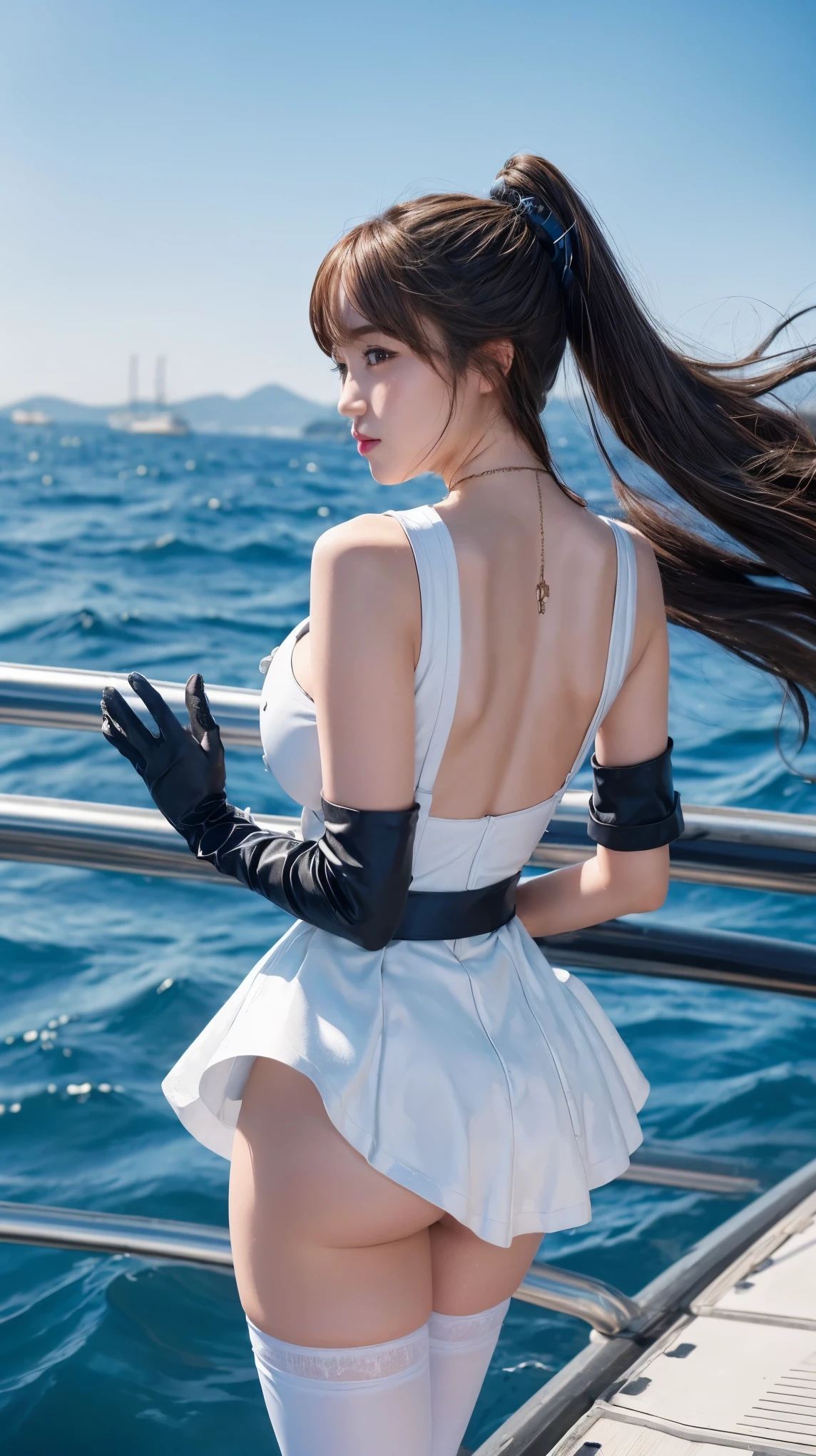 ((best quality)), ((masterpiece)), ((1girl)), solo, Ferry, ((long hair)), FerryBase, ((thighhighs)), bare shoulders, ((jewelry)), ((sleeveless)), white dress, blue skirt, ((gloves)), thigh-high, from behind. Big breasts and slender body 