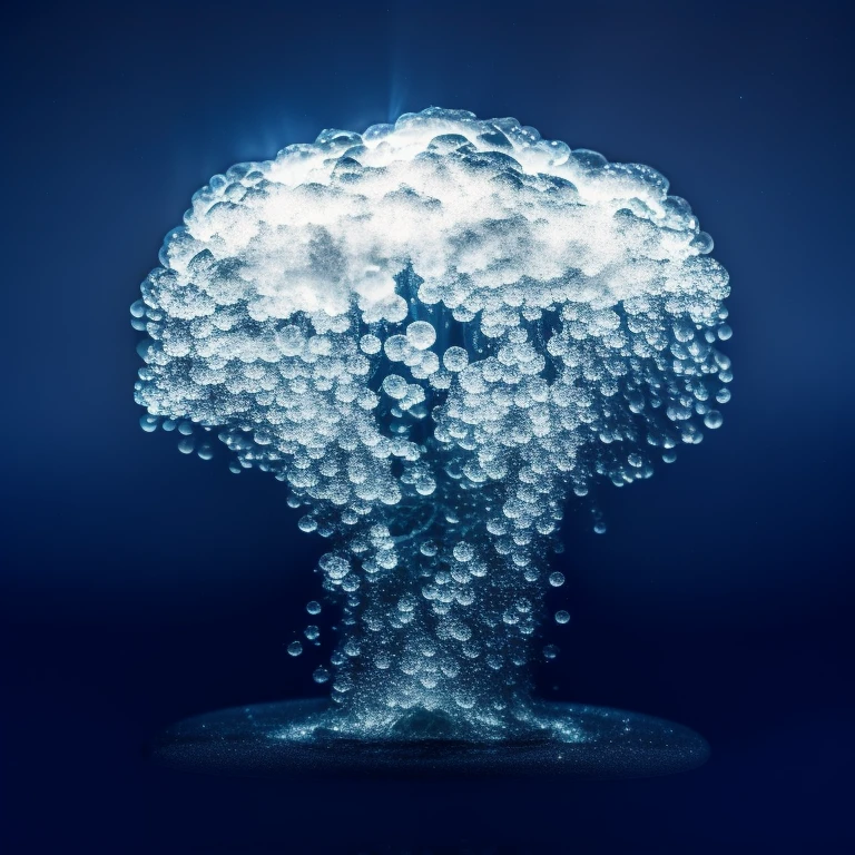 Clean bubbles form in the shape of a nuclear cloud with a lot of bubbles around it,Underwater background,A large number of bubbles exploded,Lots of tiny irregular bubbles, (realism:1.5), original photo, Deep shadows, Cold Light,Details,best quality, masterpiece, Ultra-high resolution,Blue tint,Uniform hue