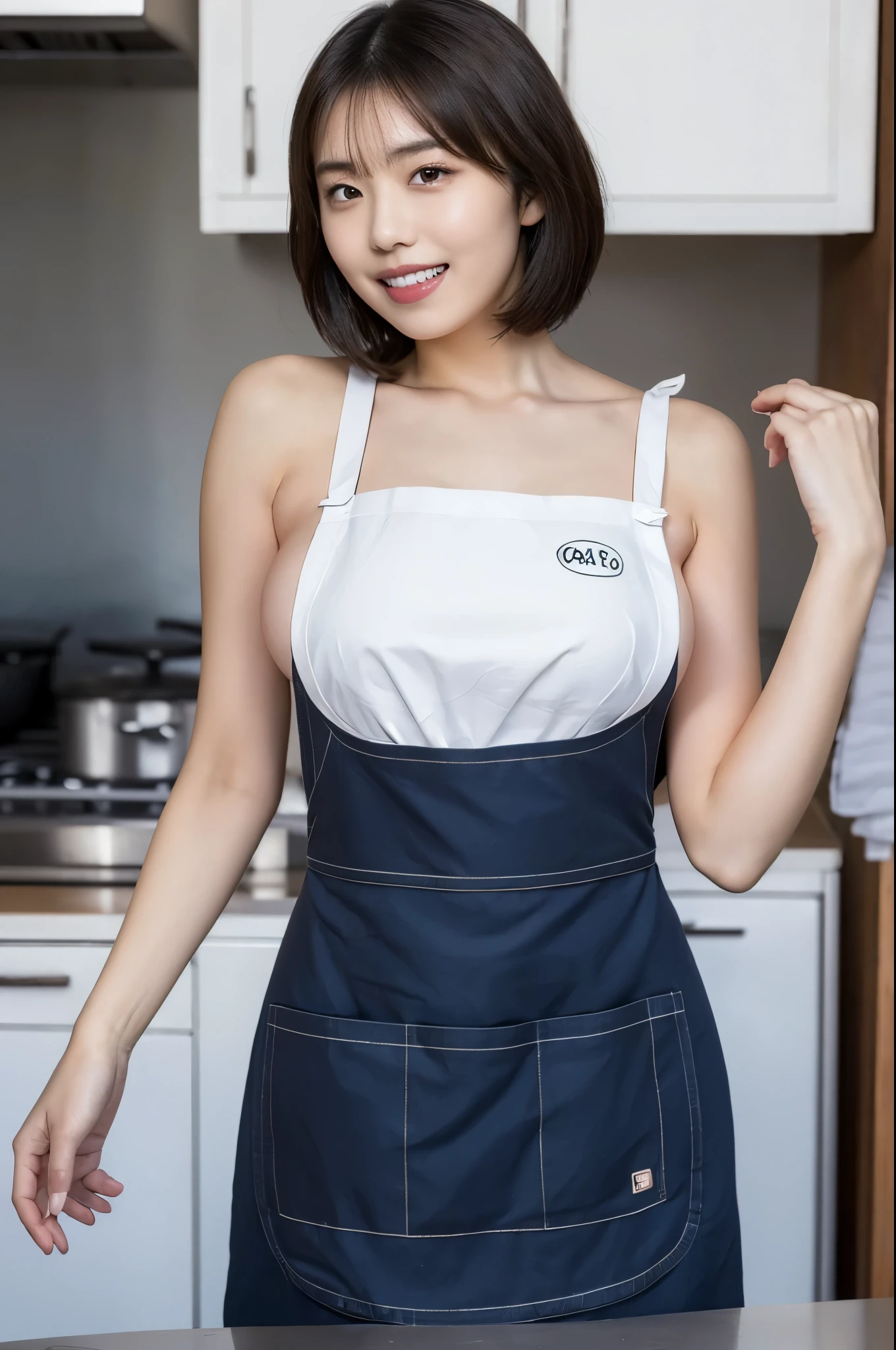 40 year old woman, Beautiful expression, A detailed eye, double eyelid, Detailed lips, lightsmile, (((Huge breasts))), (((White breastplate apron))), Short brunette hair, thighs thighs thighs thighs, Standing, (Photorealsitic:1.4), (Top image quality:1.0), (超A high resolution:1.0), 8K, Raw photography, (​masterpiece), Background with; ((There is a lot of food in the kitchen))