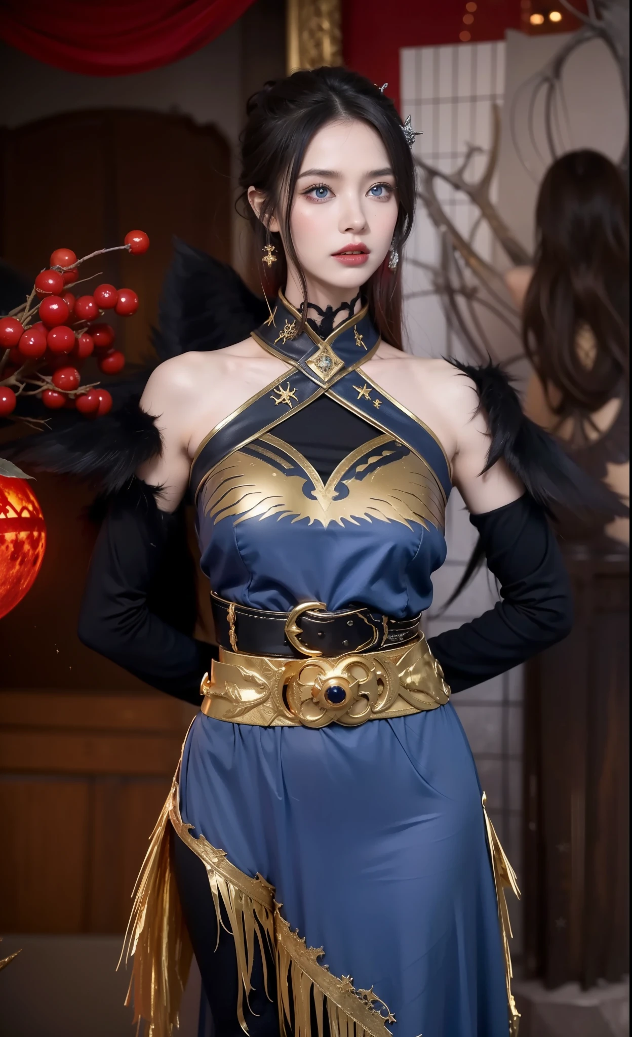 Detailed image quality,pandora witch,wing, Succubus Theme,堕落Angel,Excellent,scary,Secret Terror,Tentacles,With eyes,Uncanny Valley Effect,Beast Blood Moon,skeleton,vampire,Hellfire,Dark Queen,Angel,magician magic witch,16岁Angel,eyes are blue(Pupils as deep as the starry sky),Gorgeous tattoo designs all over the body,Gold Belt,Put your hands behind your back(hands behind back)