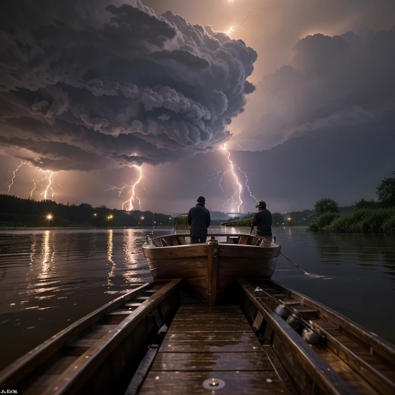 3 men were fishing on a wooden boat when the river was hit by heavy rain and lightning struck the boat