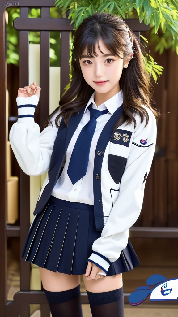 mix 4, (16K, Raw photo, best image quality, masterpiece: 1.45), (realistic, Photoreal: 1.37), one girl, cute, cityscape,, professional lighting, photon mapping, school classroom, Physically based rendering, dark brown hair,ponytail hairstyle, Beautiful well-groomed eyes、((double eyelid))、super cute girl, (((school uniform、blazer、Long-sleeved shirts worn by Japanese high school girls、ribbon tie、navy blue mini skirt,、dark blue socks、black loafers))), highest quality photos, High resolution, 1080P, (clear face), (Detailed facial description), (detailed description of hands), (masterpiece), (Detailed CG)、extreme light and shadow、messy hair、master work、Rich details、(detailed facial features)、(highest quality photoasseter muscle part)、(detailed eye)、look in front of you、thin clavicle、((slender and big))、(((Japanese high school girls wear jackets and long-sleeved shirts)))、((neat idol))、((school gate、schoolyard、School building in the background))、(Take photos from random viewpoints)、(((Anyway it's cute)))、earrings、big smile、Draw the whole body from the knees、Do not draw fine lines、(((Sports bags used by Japan schoolgirls)))、(Big breasts that hang down big:1.2)、big firm butt、Two arms and two legs、(((from the front:0.7)))、bare hands、(((symmetrical eyes)))、standing pose、put your hands on the desk、don't take the tie out of the jacket、raise your butt:1.5,bareback:1.5,