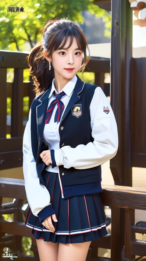 mix 4, (16K, Raw photo, best image quality, masterpiece: 1.45), (realistic, Photoreal: 1.37), one girl, cute, cityscape,, professional lighting, photon mapping, school classroom, Physically based rendering, dark brown hair,ponytail hairstyle, Beautiful well-groomed eyes、((double eyelid))、super cute girl, (((school uniform、blazer、Long-sleeved shirts worn by Japanese high school girls、ribbon tie、navy blue mini skirt,、dark blue socks、black loafers))), highest quality photos, High resolution, 1080P, (clear face), (Detailed facial description), (detailed description of hands), (masterpiece), (Detailed CG)、extreme light and shadow、messy hair、master work、Rich details、(detailed facial features)、(highest quality photoasseter muscle part)、(detailed eye)、look in front of you、thin clavicle、((slender and big))、(((Japanese high school girls wear jackets and long-sleeved shirts)))、((neat idol))、((school gate、schoolyard、School building in the background))、(Take photos from random viewpoints)、(((Anyway it's cute)))、earrings、big smile、Draw the whole body from the knees、Do not draw fine lines、(((Sports bags used by Japan schoolgirls)))、(Big breasts that hang down big:1.2)、big firm butt、Two arms and two legs、(((from the front:0.7)))、bare hands、(((symmetrical eyes)))、standing pose、put your hands on the desk、don't take the tie out of the jacket、raise your butt:1.5,bareback:1.5,