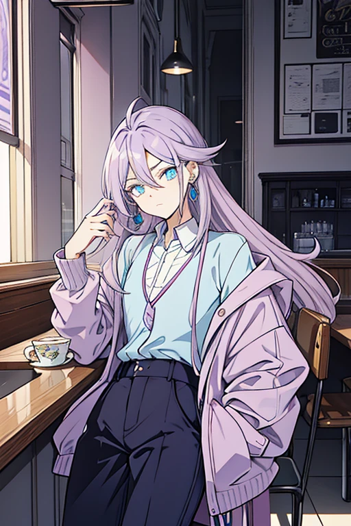Androgynous guy with long lilac hair and amber eyes looking unimpressed. He's wearing a soft blue cardigan and casual pants with opal vertical earrings. He's in a cafe drinking with pokemon