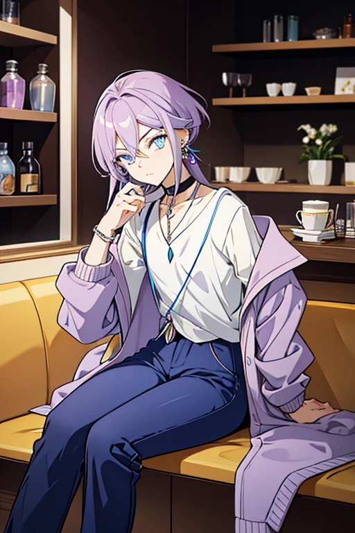 Androgynous guy with long lilac hair and amber eyes looking unimpressed. He's wearing a soft blue cardigan and casual pants with opal vertical earrings. He's in a cafe drinking with pokemon