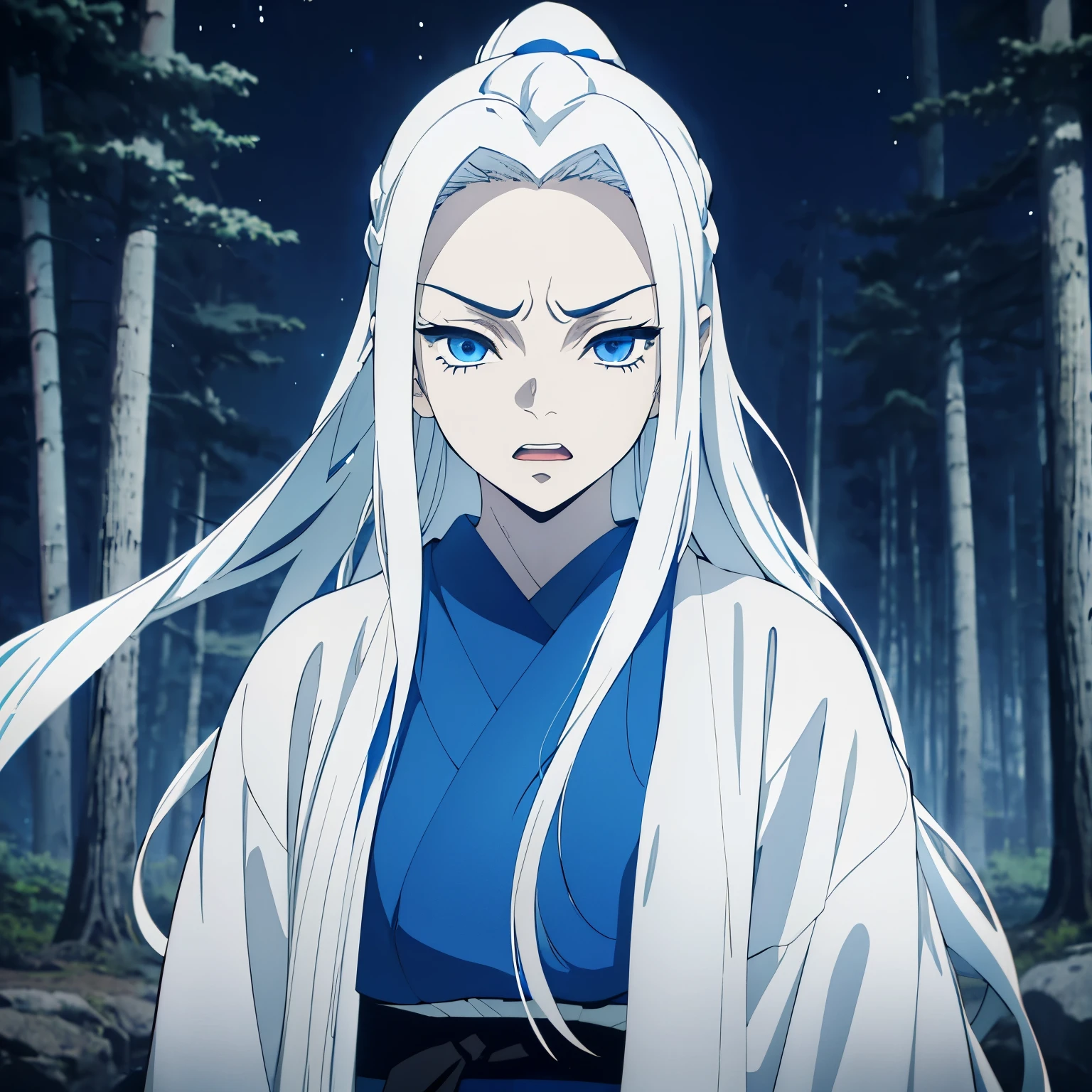 (1 girl, White long straight hair, blue eyes), blue kimono, white hair, (from front), face focus, ((opened mouth)), angry face, (half-up half-down hairstyle), Japanese animation color style, vivid colors, from front, front shot, night time, (17 years old girl), angry, dark forest, trees, mountain