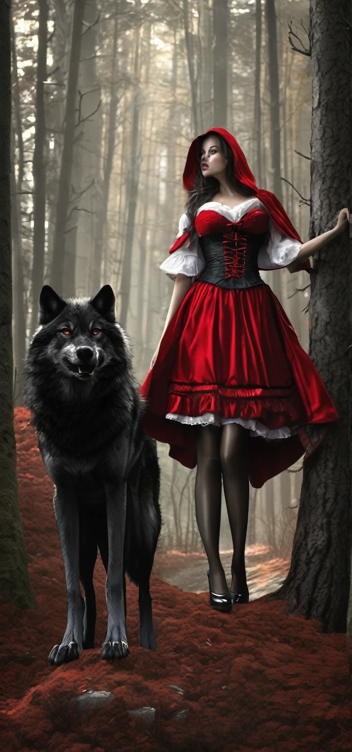 ((best quality)), ((masterpiece)), (detailed), perfect face, Red Riding Hood, large breasts, thin waist, long thin legs, stockings, high heels, corset, garder belt, very thin body, dark creepy forest, epic view, wide view, wolf, large wolf
