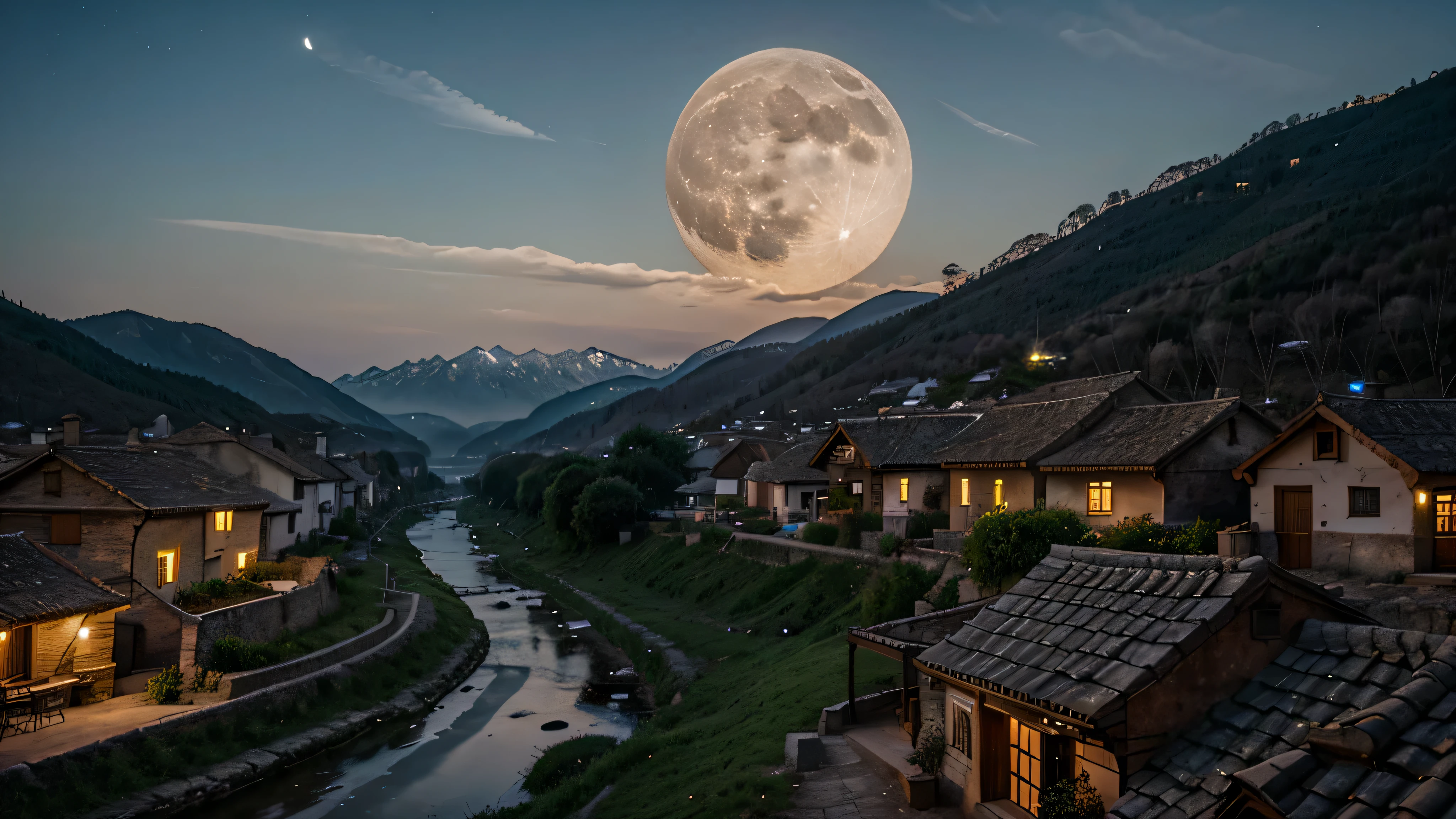 A full moon night in a small village