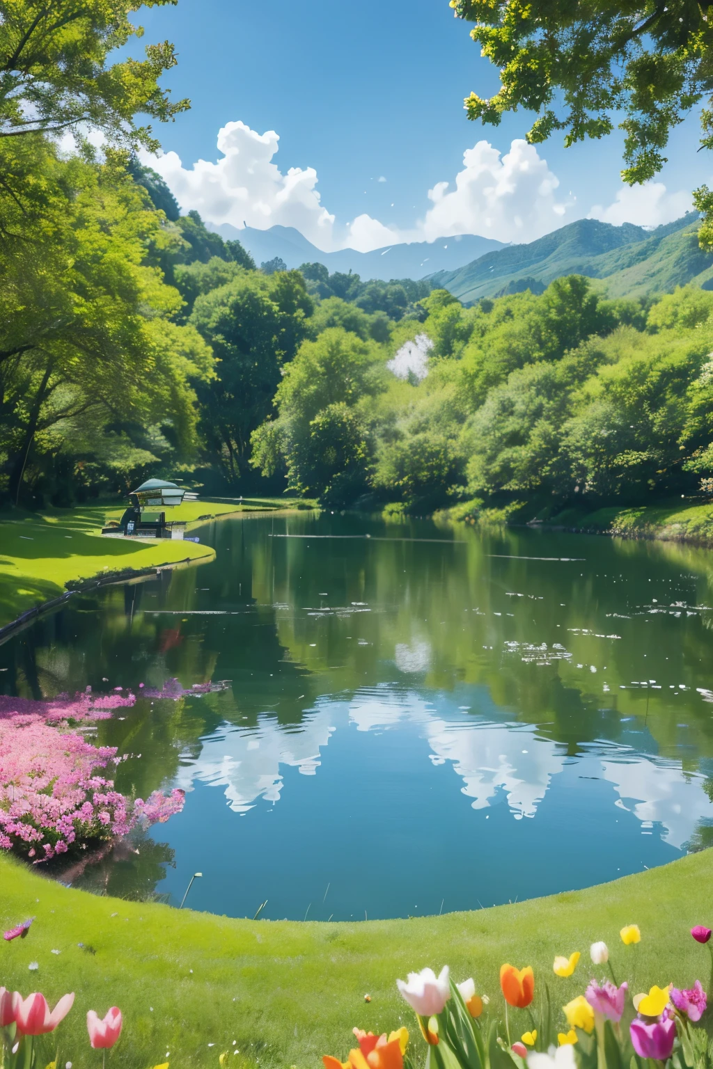 A vast green meadow,In the warm spring sun,breeze blows,Blades of grass sway in the wind。
The tender green leaves quickly spread out from the branches,A lush shade of trees。
Flowers bloom,Spring flowers sparkle with colorful fragrance throughout the scene,From tulips、Rose to cherry blossom,various kinds。
Creek or lakeside,You can see fluttering butterflies and playful birds.,They dance gracefully on the turquoise water。
on the ground,Among the grass and beside the flowers,Various insects began to move busily.,Bees collect pollen,Butterflies dancing among flowers,Ants carry food in a hurry。
In the sky,White clouds float by lightly,Block the sun from time to time,Bringing refreshing coolness to the earth。
On distant mountains or hills,Vegetation is also recovering rapidly.,Flourishing with the vitality of spring